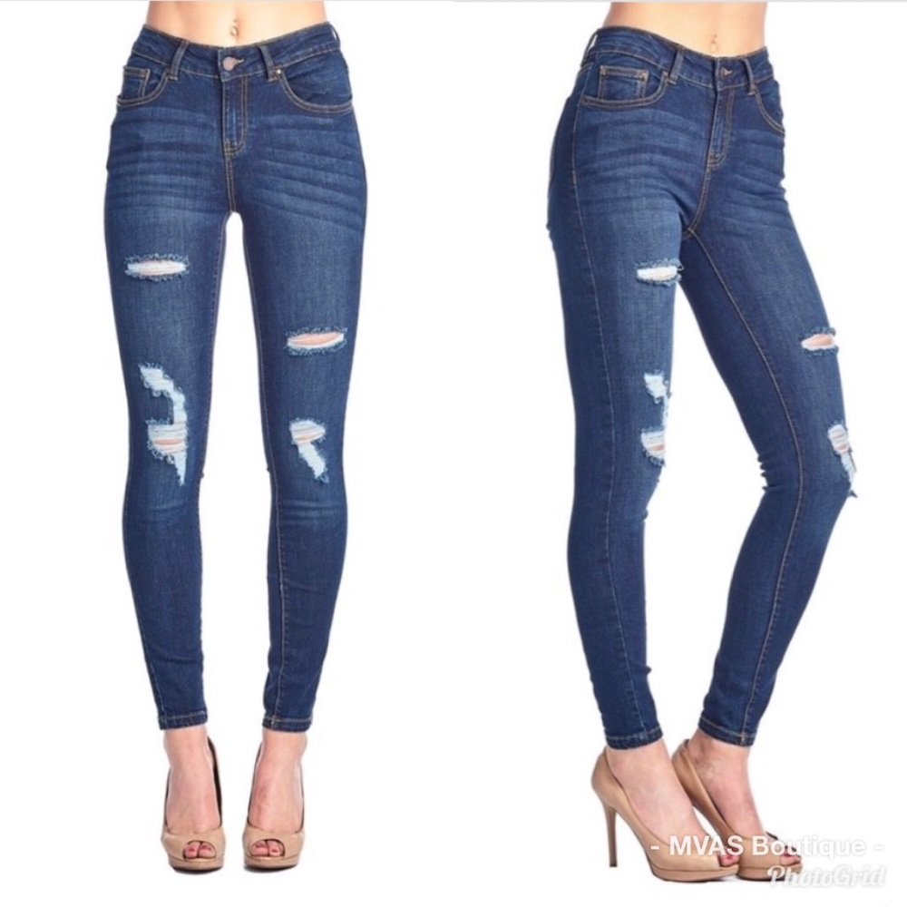 Dark Wash Distressed Jeans |
